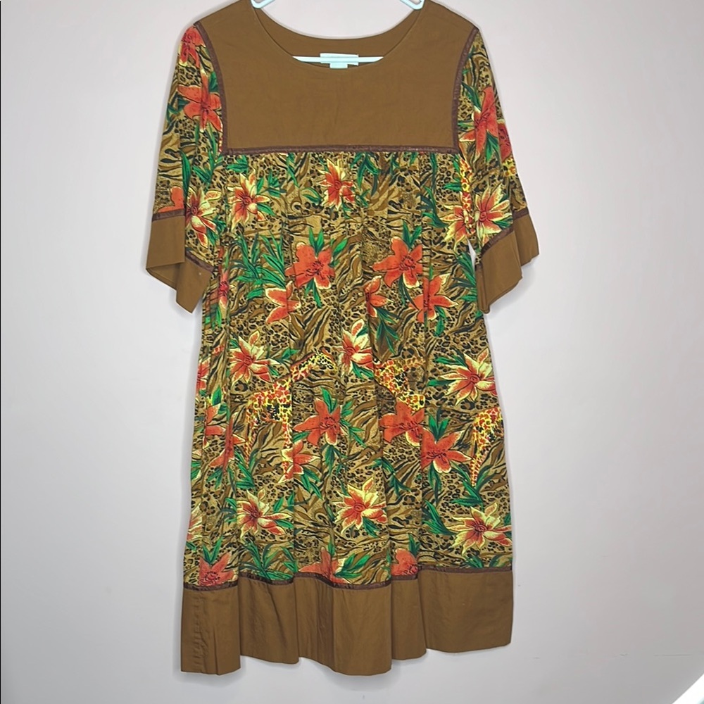 Bechamel Brown and Green Flutter Sleeve Midi Sundress